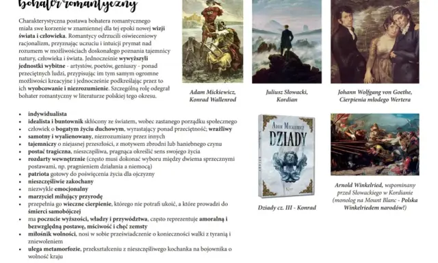 Cechy literatury romantycznej: indywidualizm, bunt, tragizm, patriotyzm, emocjonalność. Bohater romantyczny to wybitna jednostka.