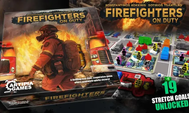 Gra planszowa "Firefighters on Duty" z bohaterem w stroju strażaka i planszą akcji.