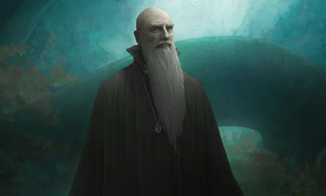Starzec z siwą brodą i łysą głową, w czarnej szacie, z medalionem z literą S. Jego surowe rysy twarzy i spojrzenie zdają się odzwierciedlać slyntherin cechy: ambicję i determinację.