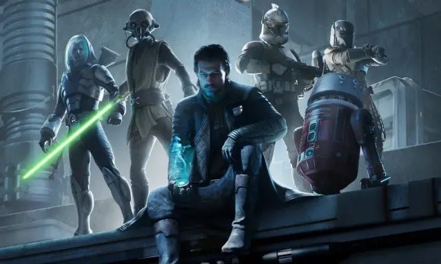 Postacie z nowej gry Star Wars: Jedi z zielonym mieczem świetlnym, droid, klony i tajemniczy mężczyzna z hologramem.