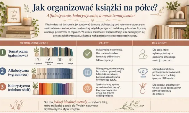 Trzy metody organizacji książek: tematyczna, alfabetyczna i kolorystyczna. Każda z nich ma swoje zalety i jest dla innego typu czytelnika.