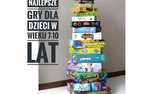 Stos gier planszowych dla dzieci, w tym gra detektywistyczna "Sabotażysta". Idealne na prezent dla młodych odkrywców.