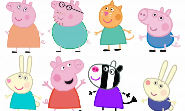 Świnka Peppa i jej przyjaciele: Mama Świnia, Tata Świnia, Kotka, Świnia, Króliczka, Zebra i Królik.