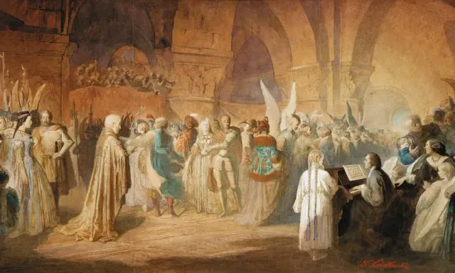 Uroczysta sala, gdzie gra fortepian Chopina, a goście w strojach z epoki bawią się i tańczą.