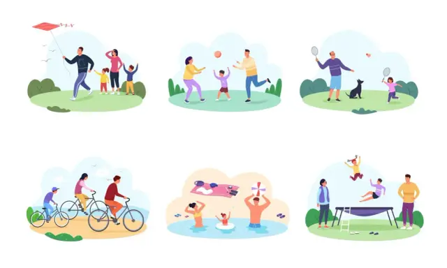 Różnorodne zabawy na dworze dla 10 latków: puszczanie latawca, gra w piłkę, badminton, jazda na rowerze, kąpiel i skakanie na trampolinie.