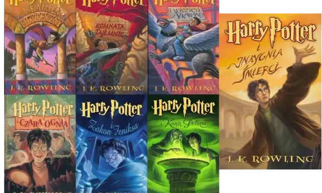 Kolekcja okładek książek z serii Harry Potter części: Kamień Filozoficzny, Komnata Tajemnic, Więzień Azkabanu, Czara Ognia, Zakon Feniksa, Książę Półkrwi i Insygnia Śmierci.