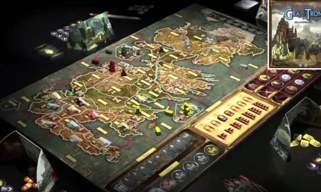Gra planszowa "Gra o Tron" przypominająca Splendor, z mapą Westeros, pionkami i kartami.