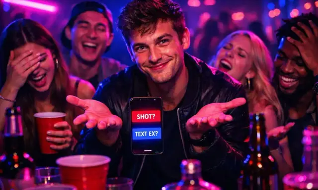 Młody mężczyzna trzyma telefon z pytaniami: "SHOT?" i "TEXT EX?". W tle śmiejący się przyjaciele. Czy kiedykolwiek pytania mocne?