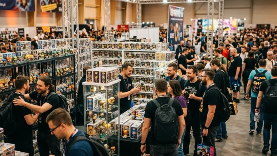 Tłumy fanów na Dniach Fantastyki Warszawa, przeglądają półki z figurkami Funko Pop.