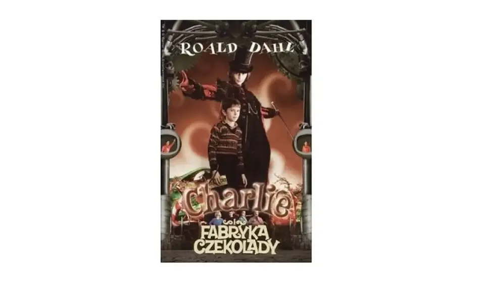 Plakat filmu "Charlie i fabryka czekolady" z Willy Wonką i Charliem.