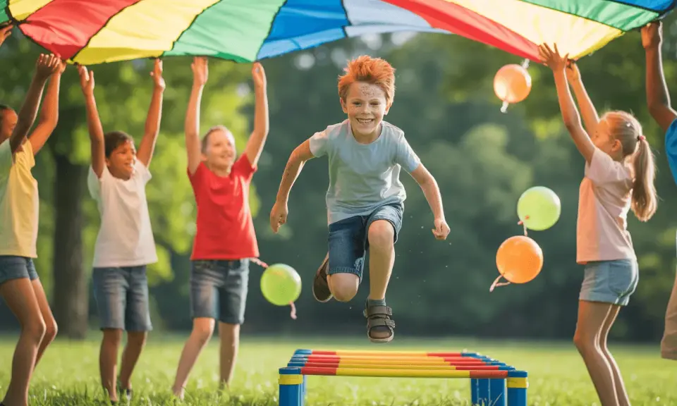 Radosne dzieci skaczą pod kolorowym spadochronem, bawiąc się wesoło. To wspaniałe zabawy z liną i balonami na trawie.