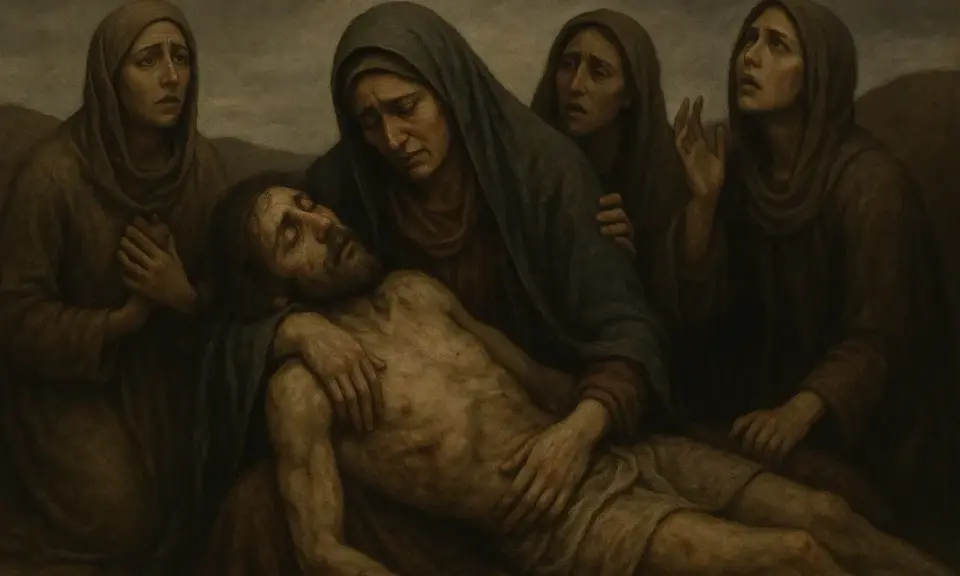 Smutek i rozpacz kobiet nad ciałem Chrystusa. Wzrok skierowany ku górze, jakby szukając pocieszenia w tym trudnym momencie. Lament świętokrzyski.