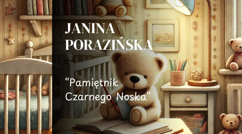 Miś z czarnym noskiem pisze w pamiętniku. Obok przybory do pisania i lampka. W tle łóżeczko i okno.