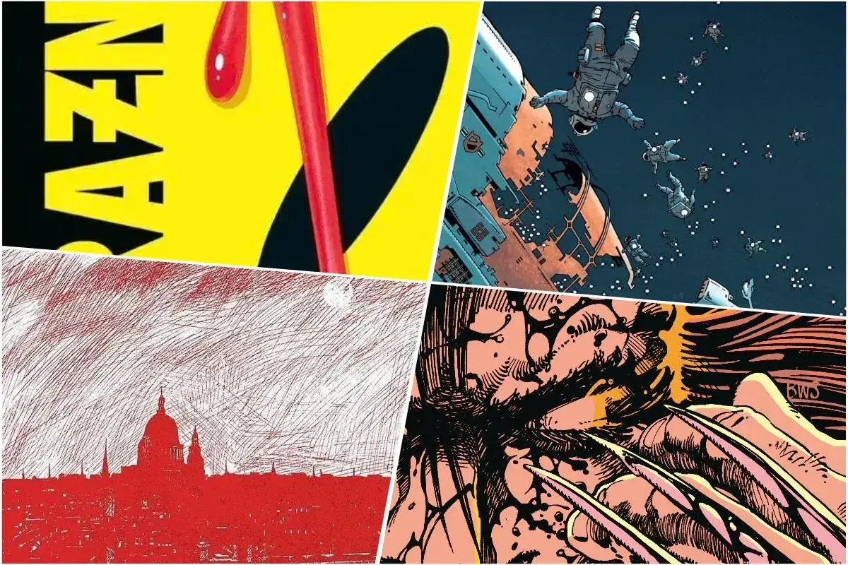 Kolaż z najlepszymi komiksami: neonowy napis, astronauci w kosmosie, czerwona panorama miasta i Wolverine.