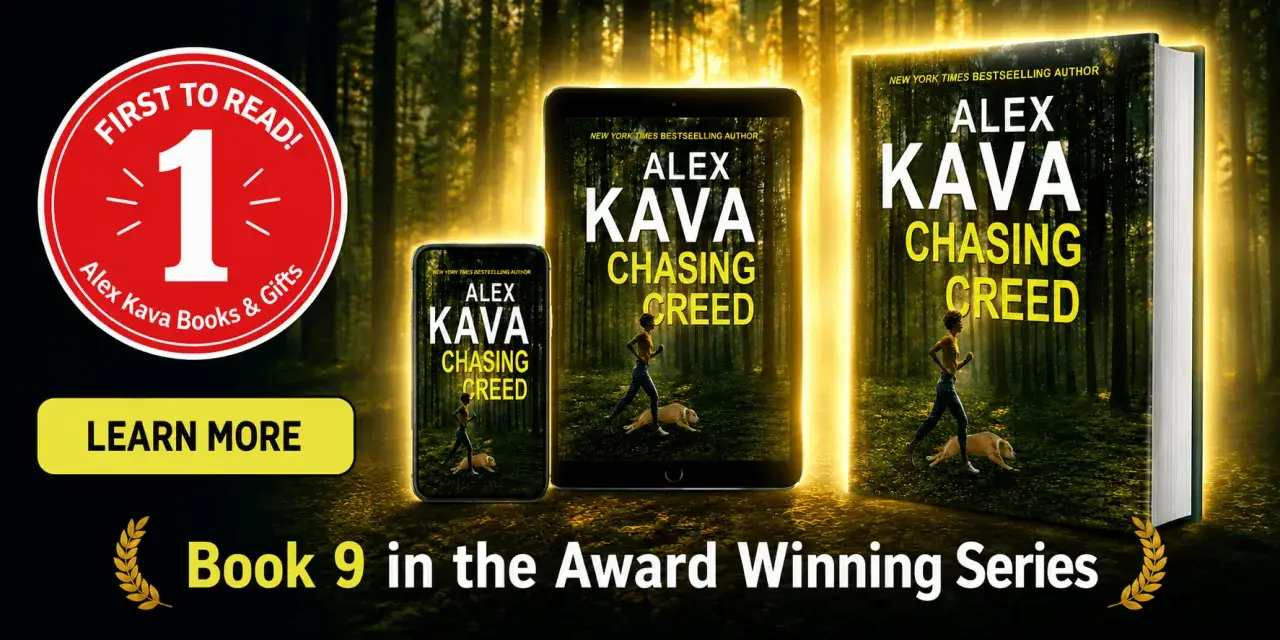 Kolejność książek Alex Kava: okładka "Chasing Creed" na telefonie, tablecie i w formie fizycznej. Numer 9 w serii.