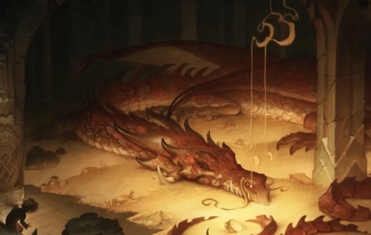 Smaug, wielki smok, śpi na skarbach. Bilbo Baggins, bohater hobbit streszczenie, skrada się ostrożnie.