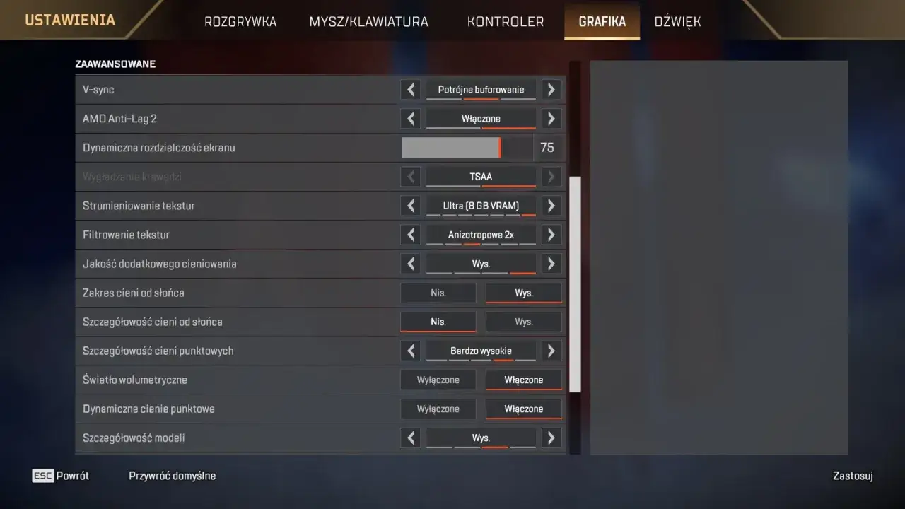 Ustawienia grafiki w Apex Legends po polsku: V-sync, AMD Anti-Lag 2, TSAA, Ultra (8 GB VRAM), Anizotropowe 2x, jakość cieniowania, światło wolumetryczne.