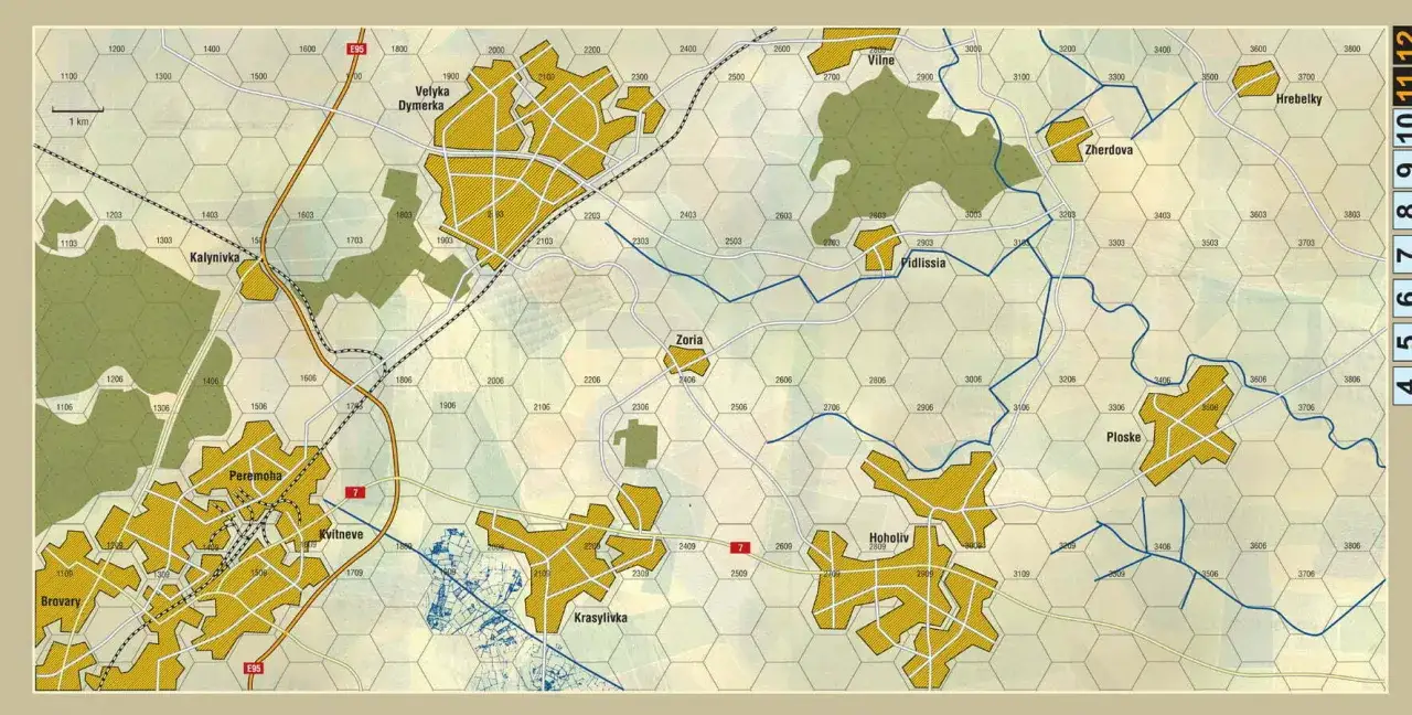 Mapa taktyczna z polami heksagonalnymi, przedstawiająca teren z miastami i drogami, idealna do gier planszowych strategicznych wojennych.
