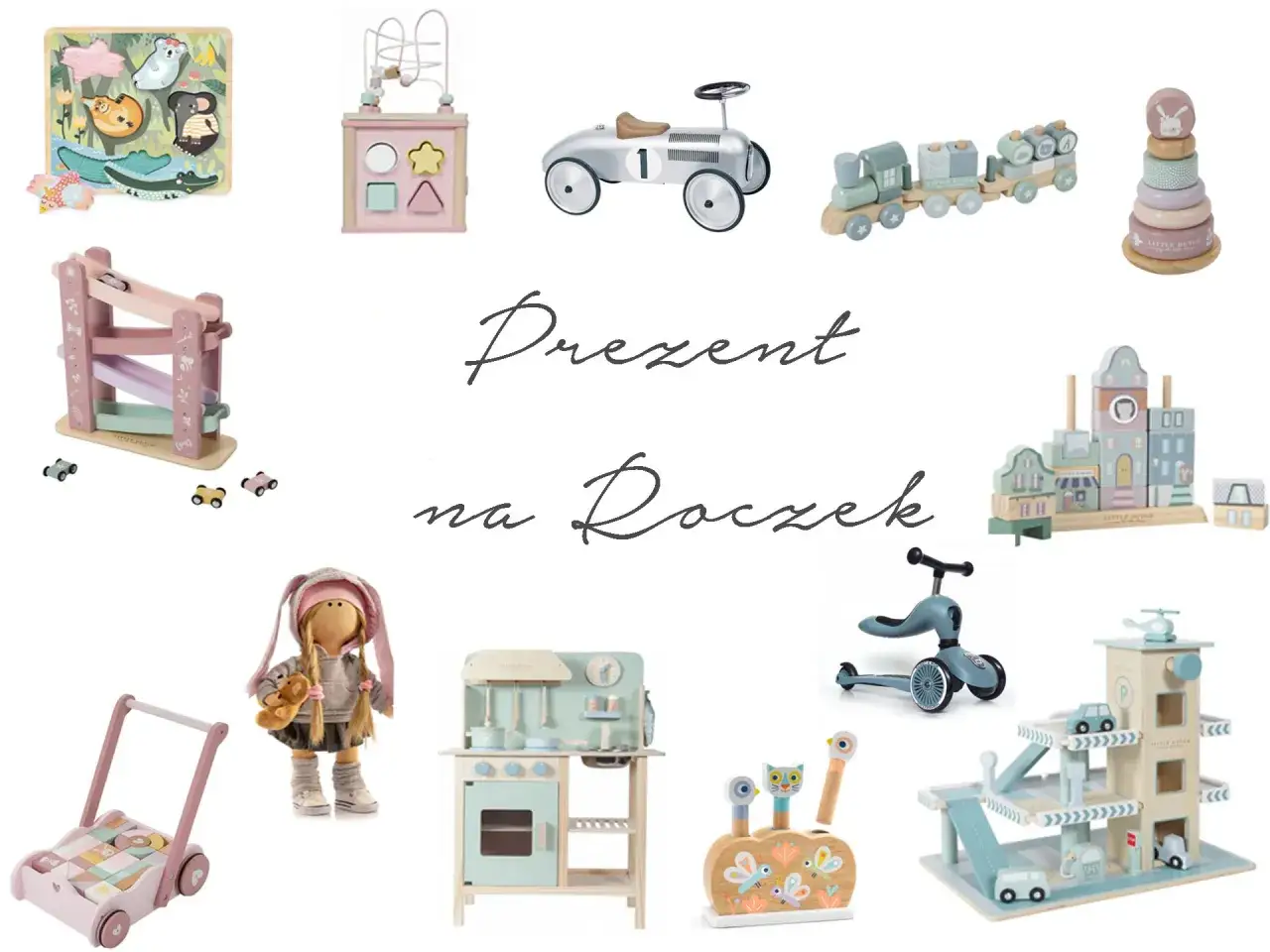 Kolekcja zabawek: puzzle, sorter, autko, kolejka, wieża, kuchnia, wózek, lalka, jeździk, garaż. Idealny prezent na roczek.