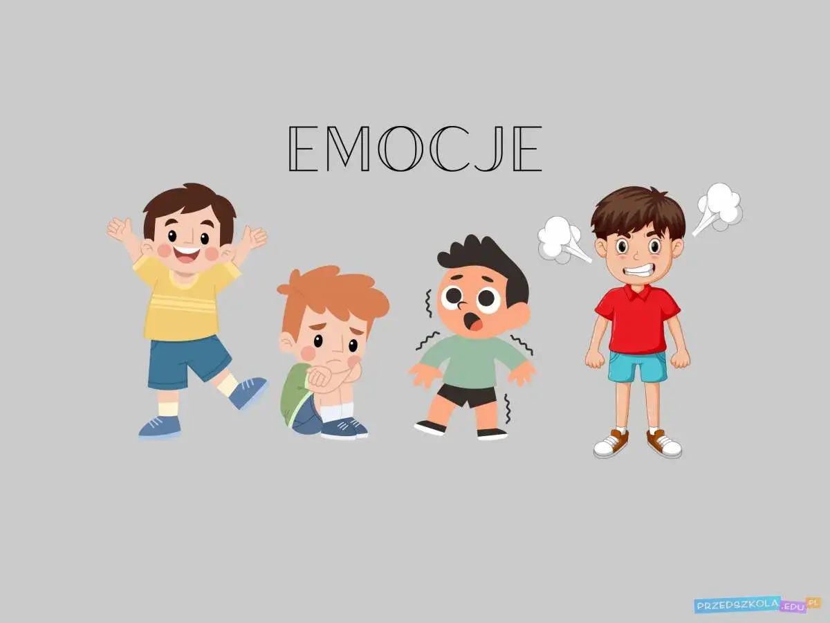 Ilustracja przedstawia czworo dzieci wyrażających różne emocje, idealna do zabaw psychologicznych dla dzieci.