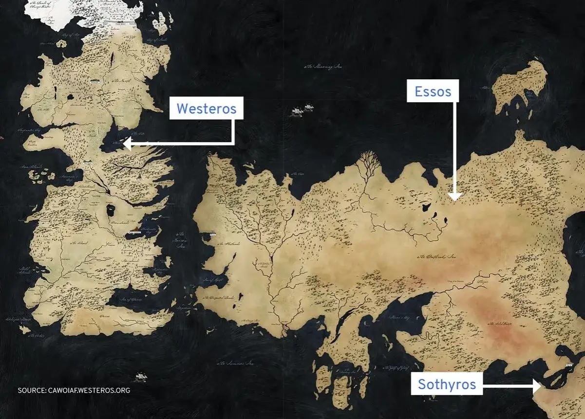 Mapa świata z gry o tron. Pokazuje Westeros, Essos i Sothyros, kontynenty znane z serialu.