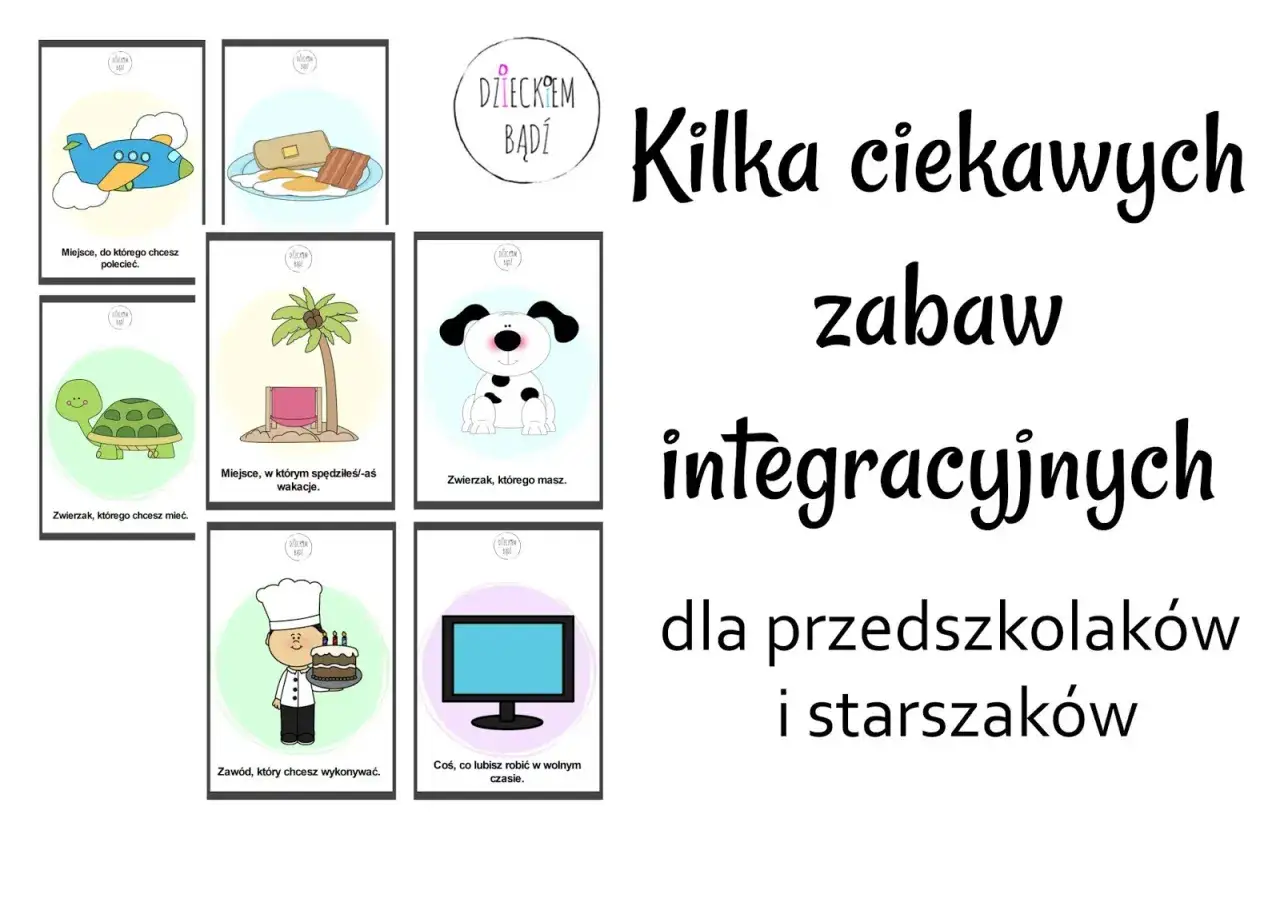 Karty z pomysłami na integrację zespołu klasowego: samolot, śniadanie, żółw, plaża, pies, kucharz, telewizor.