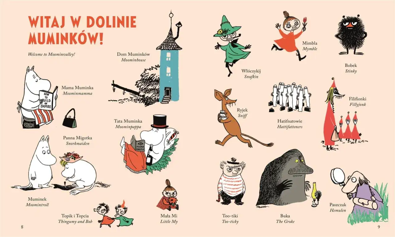 W Dolinie Mumink&oacute;w spotkasz Muminka, Mamę i Tatę Muminka, PANNĘ Migotkę, Wł&oacute;czykija, Ryjka, Bobka, Mimblę, Filifionki, Hatifnat&oacute;w, Bukę, Paszczaka Hemulena, Małą Mi, Topika i Topcię.
