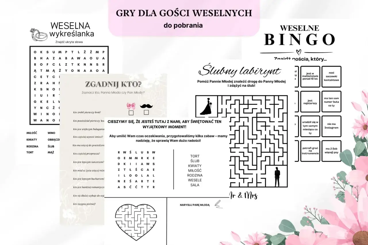Gry weselne dla gości: wykreślanka, labirynt, bingo i zgadywanki. Świetna zabawa weselna dla wszystkich!