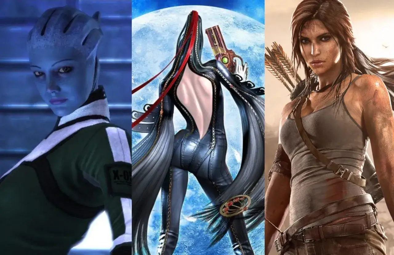 Trzy ikoniczne postacie z gier: niebieskosk&oacute;ra kosmitka, seksowna wiedźma z pistoletami i Lara Croft.