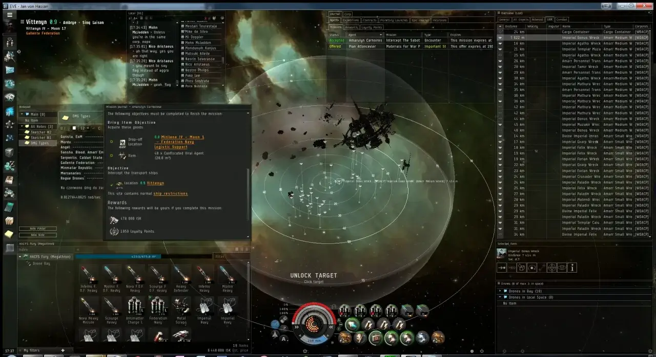 Interfejs gry EVE Online, widok misji z celami i nagrodami. Spolszczenie gry jest widoczne w nazwach przedmiotów i opisach.
