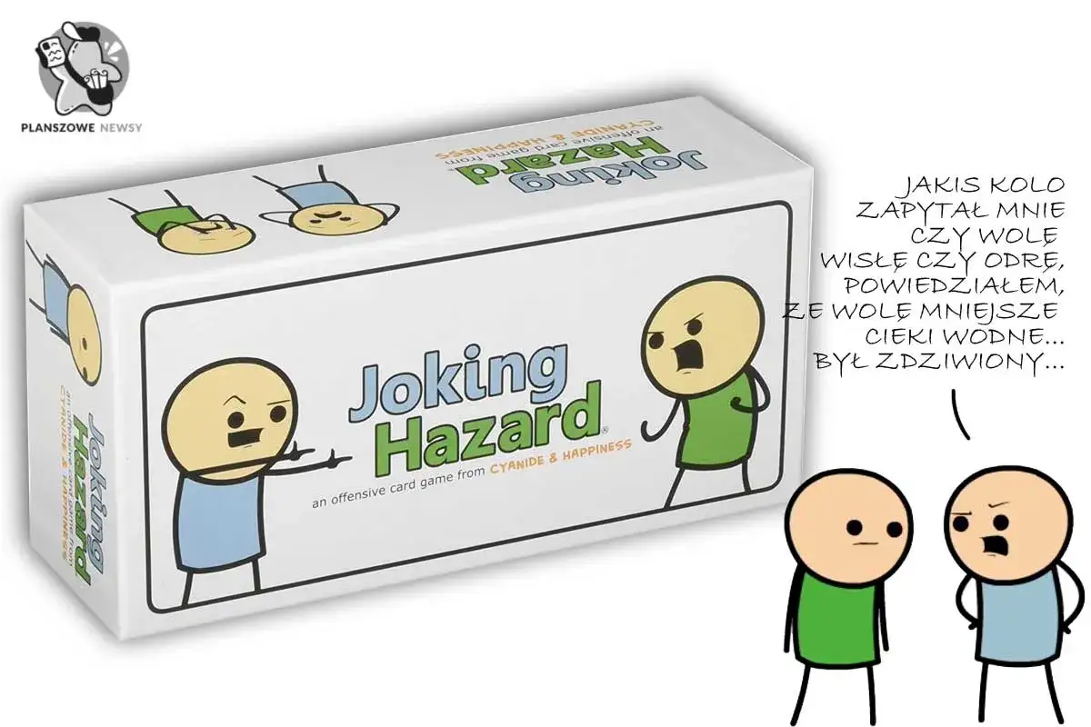 Gra Joking Hazard po polsku. Dwie postacie z gry rozmawiają, jedna opowiada żart o wyborze między Wisłą a Odrą.