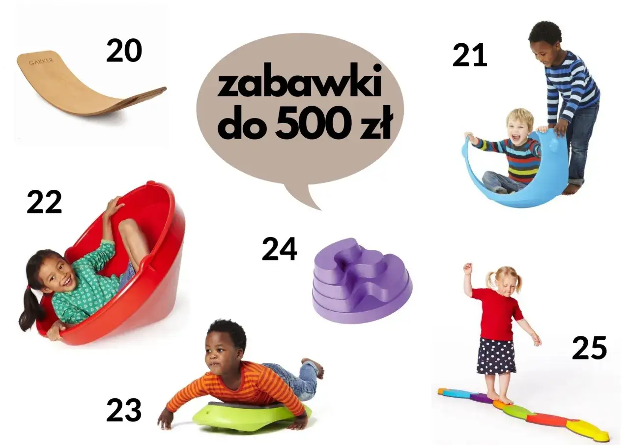 Kolorowe zabawki do 500 zł: drewniana huśtawka, bujak, ślizgawka, stopnie i równoważnia. Idealne pierwsze zabawki dla noworodka i starszych dzieci.