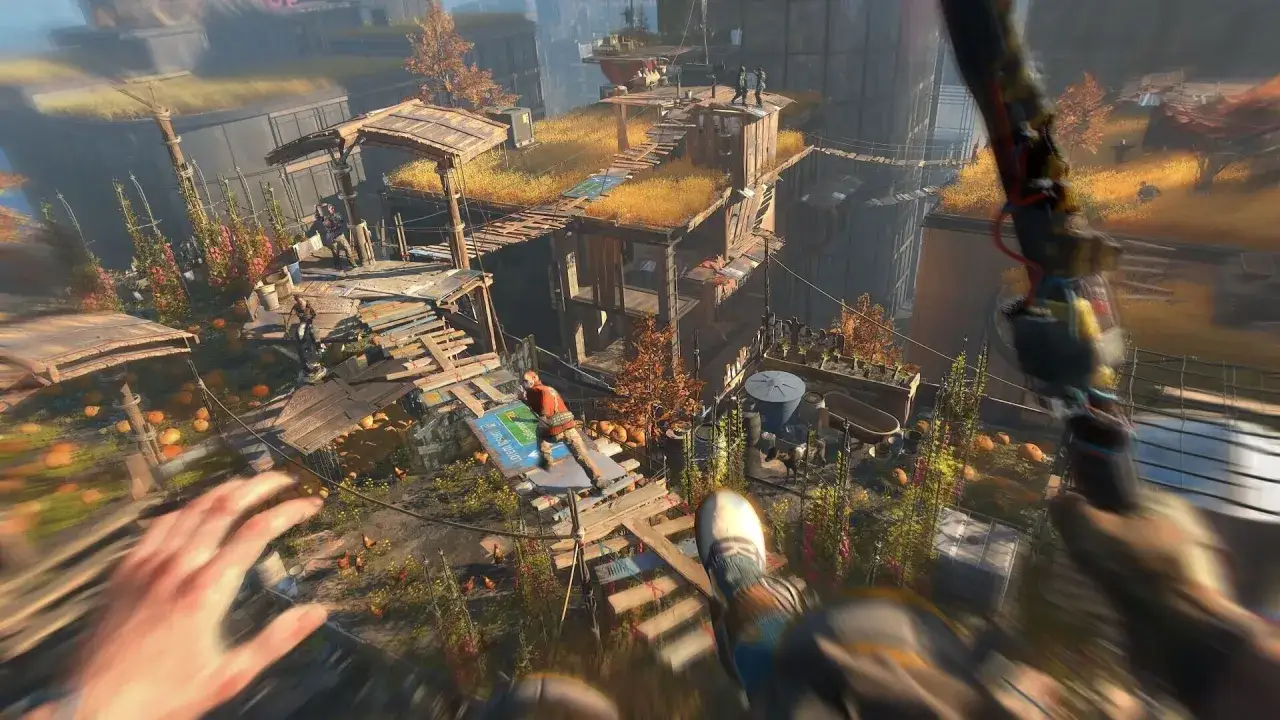 Gracz w Dying Light 2 czas gry przemierza postapokaliptyczne miasto, skacząc po dachach i budując nowe ścieżki.