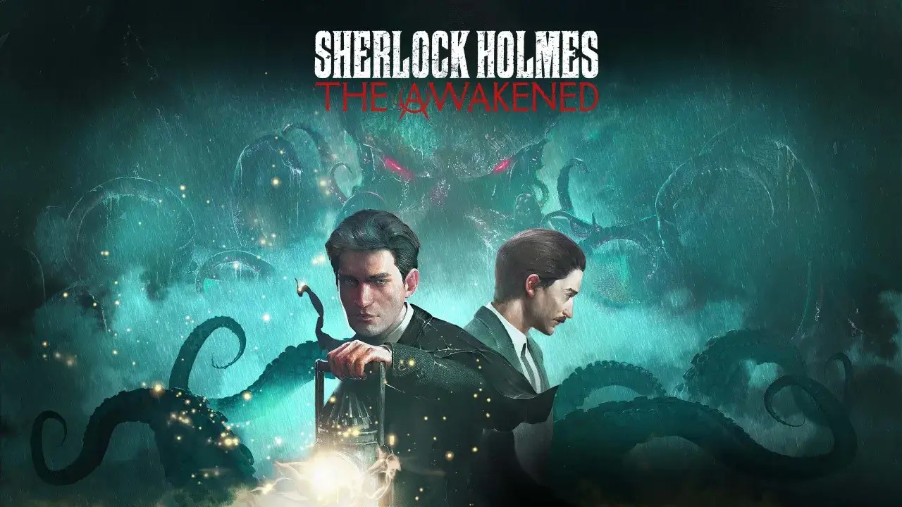 Sherlock Holmes i Watson stają w obliczu koszmaru w mrocznej, deszczowej scenerii. To mroczne gry detektywistyczne pc, gdzie groza czai się w cieniu.