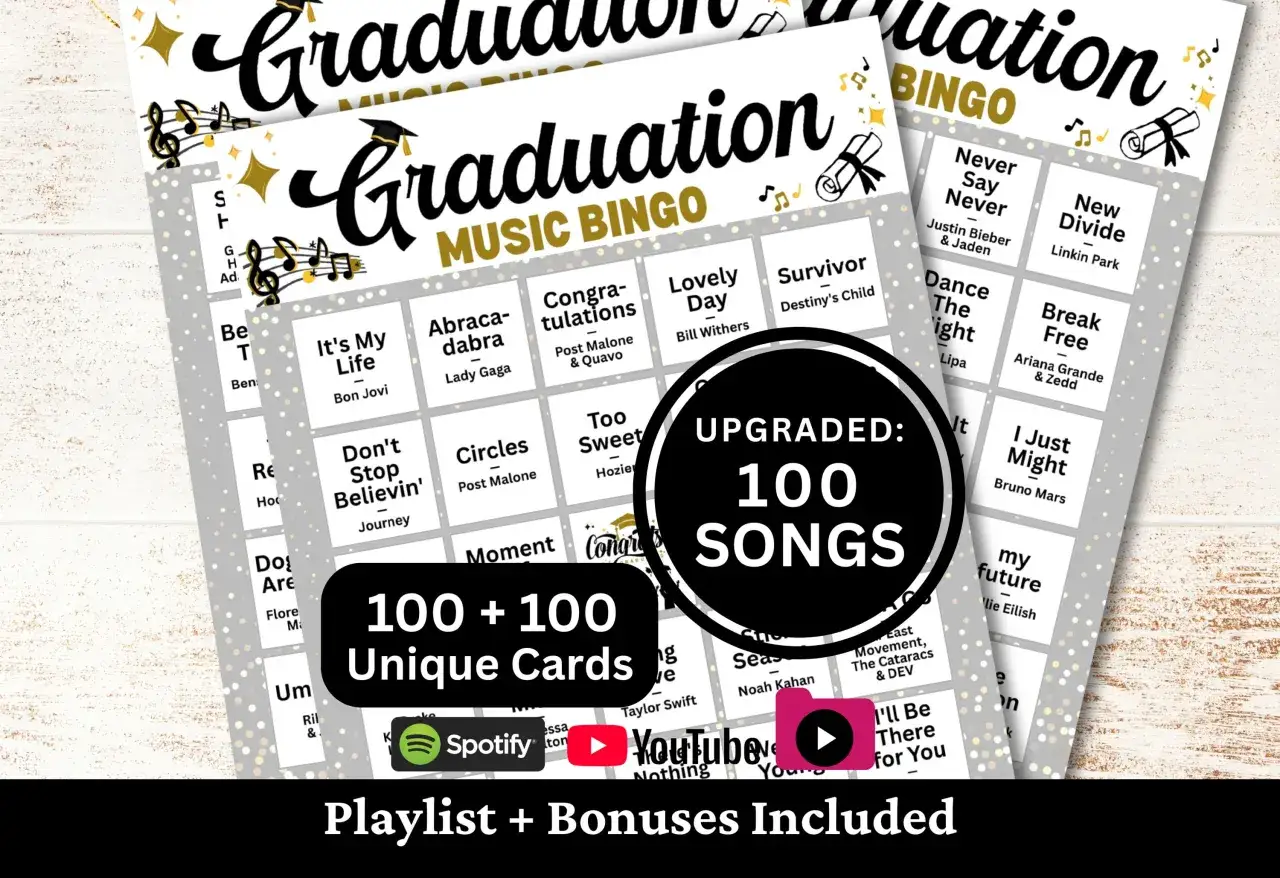 Karty do gry hitster bingo z piosenkami na zakończenie szkoły. 100+100 unikalnych kart, playlisty i bonusy.