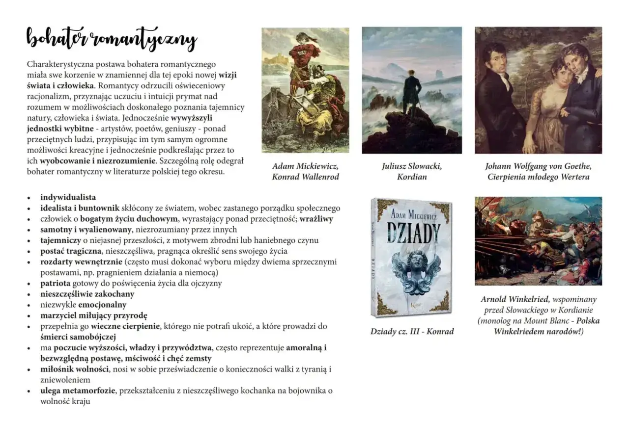 Bohater romantyczny: indywidualista, buntownik, wrażliwy, samotny, tragiczny, patriotyczny, emocjonalny. Cechy literatury romantycznej.