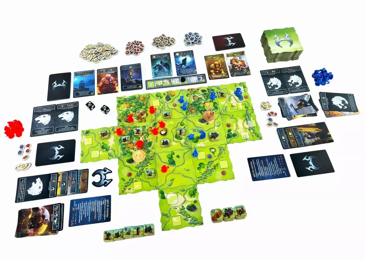 Plansza do gry Northgard: Niezbadane ziemie z kartami, żetonami i figurkami.