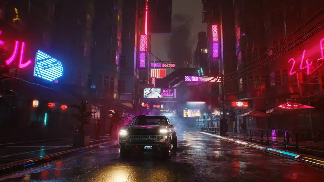 Nocne miasto w stylu cyberpunk. Deszczowa ulica, neonowe światła, futurystyczny pickup. Idealny czas gry.