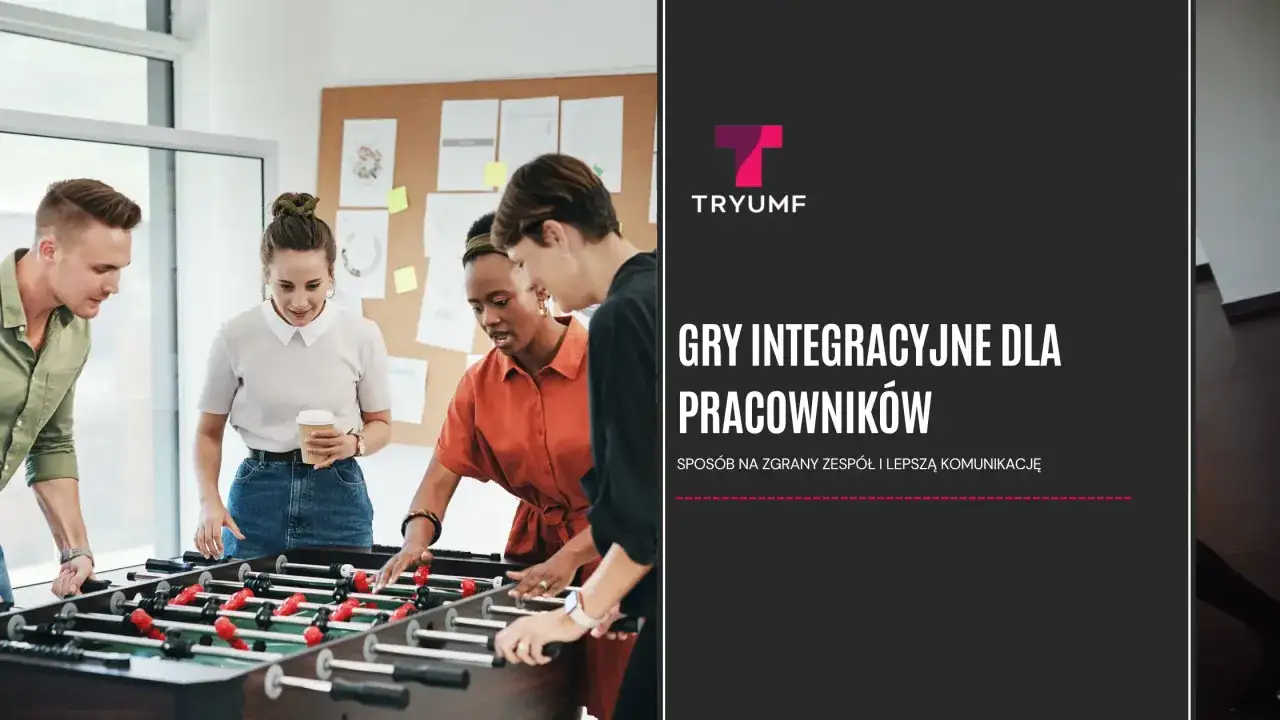 Zespół gra w piłkarzyki w biurze. Gry integracyjne dla pracowników budują zgrany zespół i lepszą komunikację.
