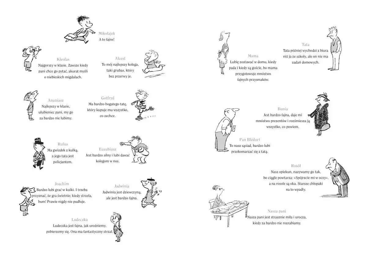 Mikołajek i jego koledzy: Alcest, Kleofas, Ananiasz, Gotfryd, Rufus, Euzebiusz, Joachim, Jadwinia, Ludeczka. Wszyscy są fajni, a ich historie tworzą streszczenie Mikołajka.