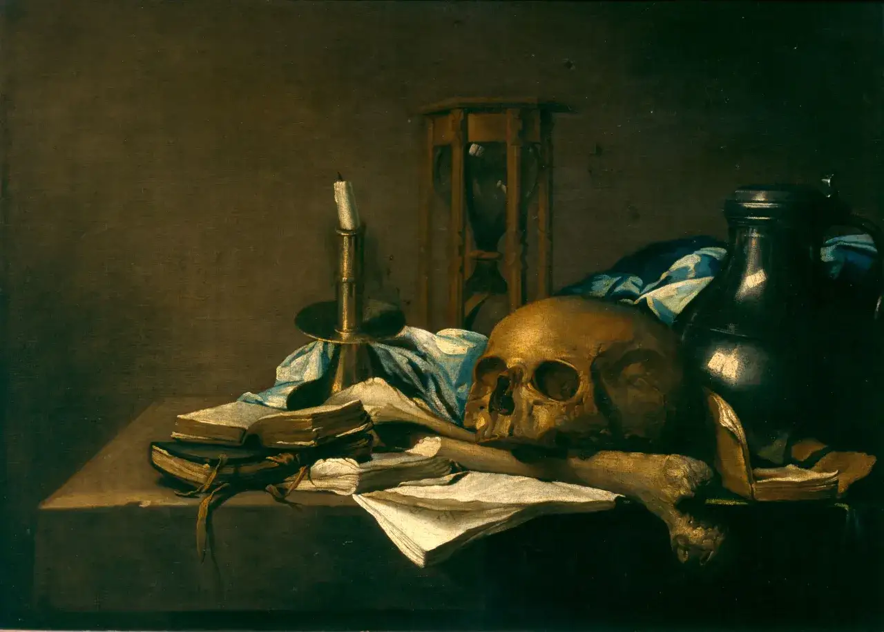 Czas przemija, jak piasek w klepsydrze. Czaszka, świeca i księgi przypominają o przemijaniu, klasyczny motyw vanitas.