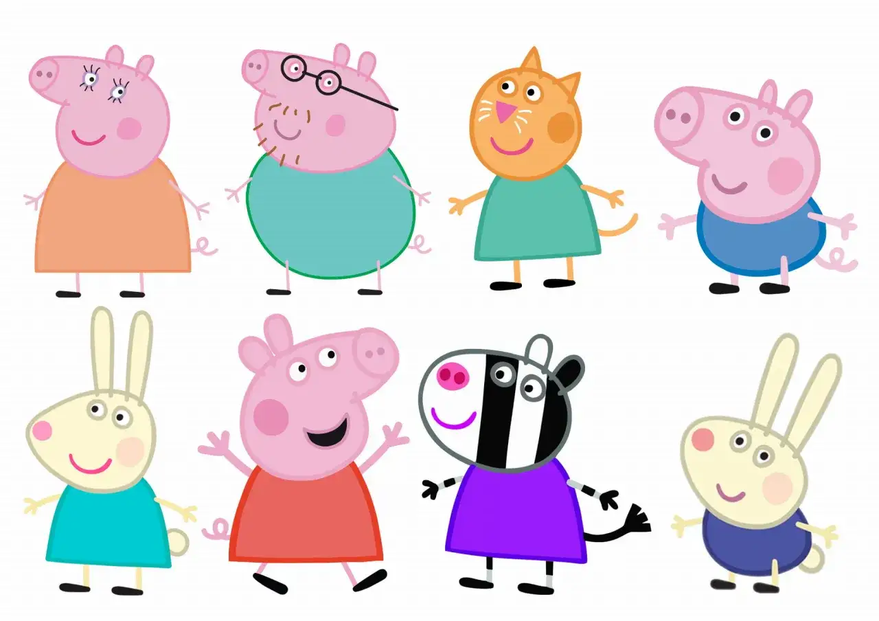 Świnka Peppa i jej przyjaciele: Mama Świnia, Tata Świnia, Kotka, Świnia, Zebra i Królik.