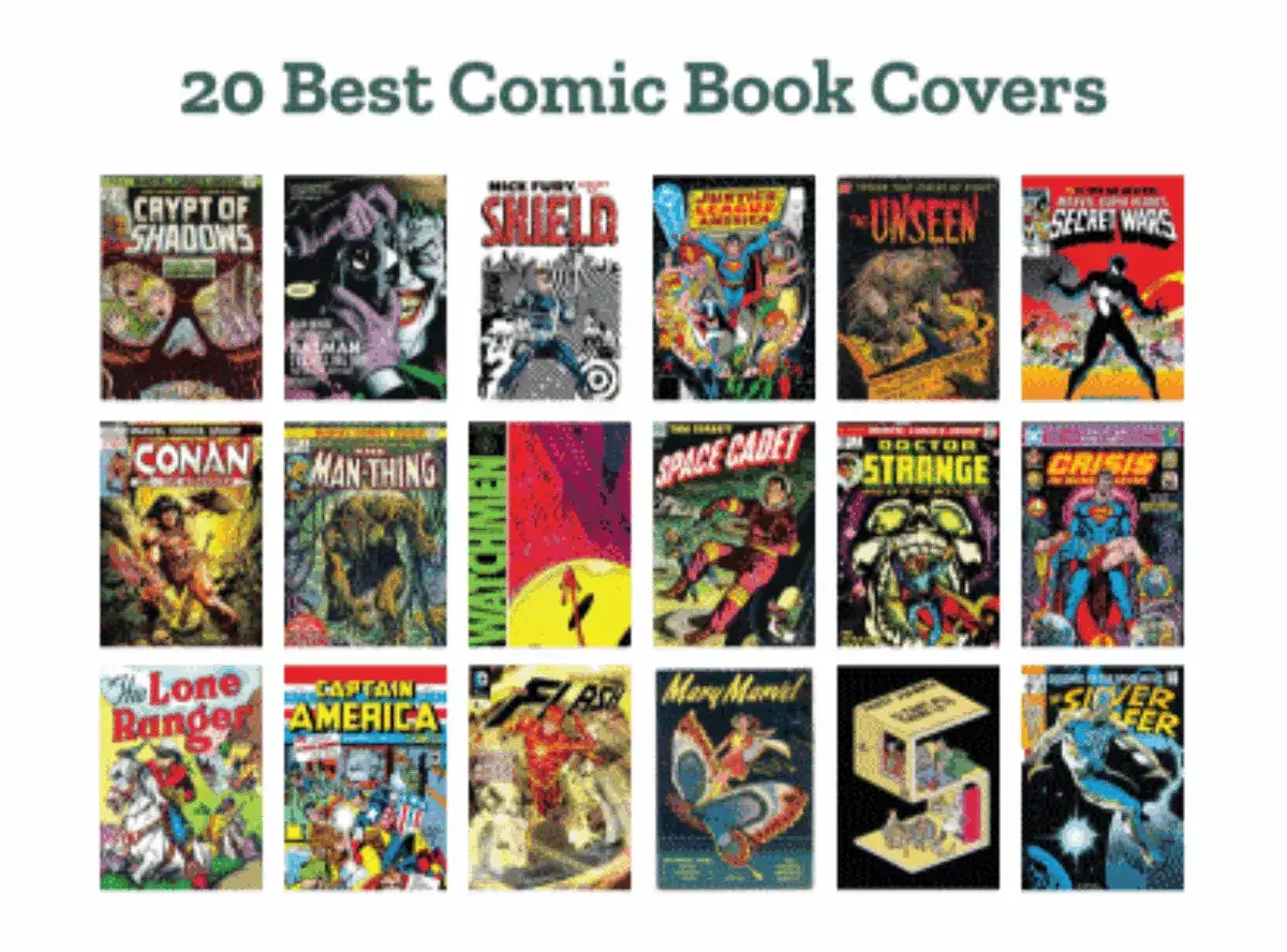 Kolekcja 20 najlepszych okładek komiksów, w tym Krypta Cieni, Joker, Tarcza Nicka Fury'ego, Liga Sprawiedliwości, Nieujrzany, Tajne Wojny, Conan, Człowiek-Rzecz, Strażnicy, Kosmiczny Kadet, Doktor Strange, Kryzys, Samotny Jeździec, Kapitan Ameryka, Fla...