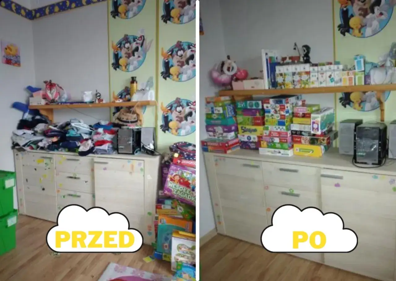Przed i po: bałagan w grach i puzzlach zamieniony w uporządkowane stosy.