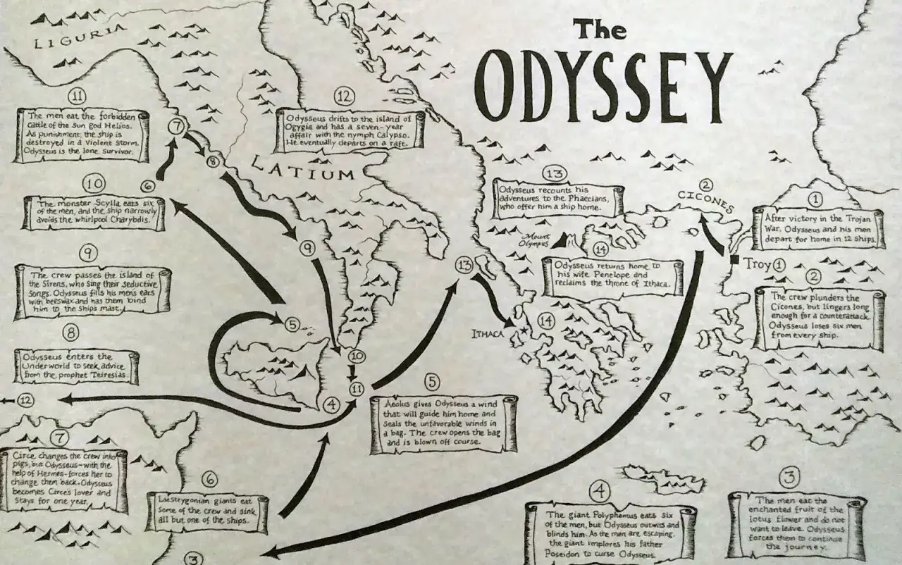 Mapa podróży Odyseusza: od zwycięstwa pod Troją po powrót do Itaki. Odyseja streszczenie w obrazach.