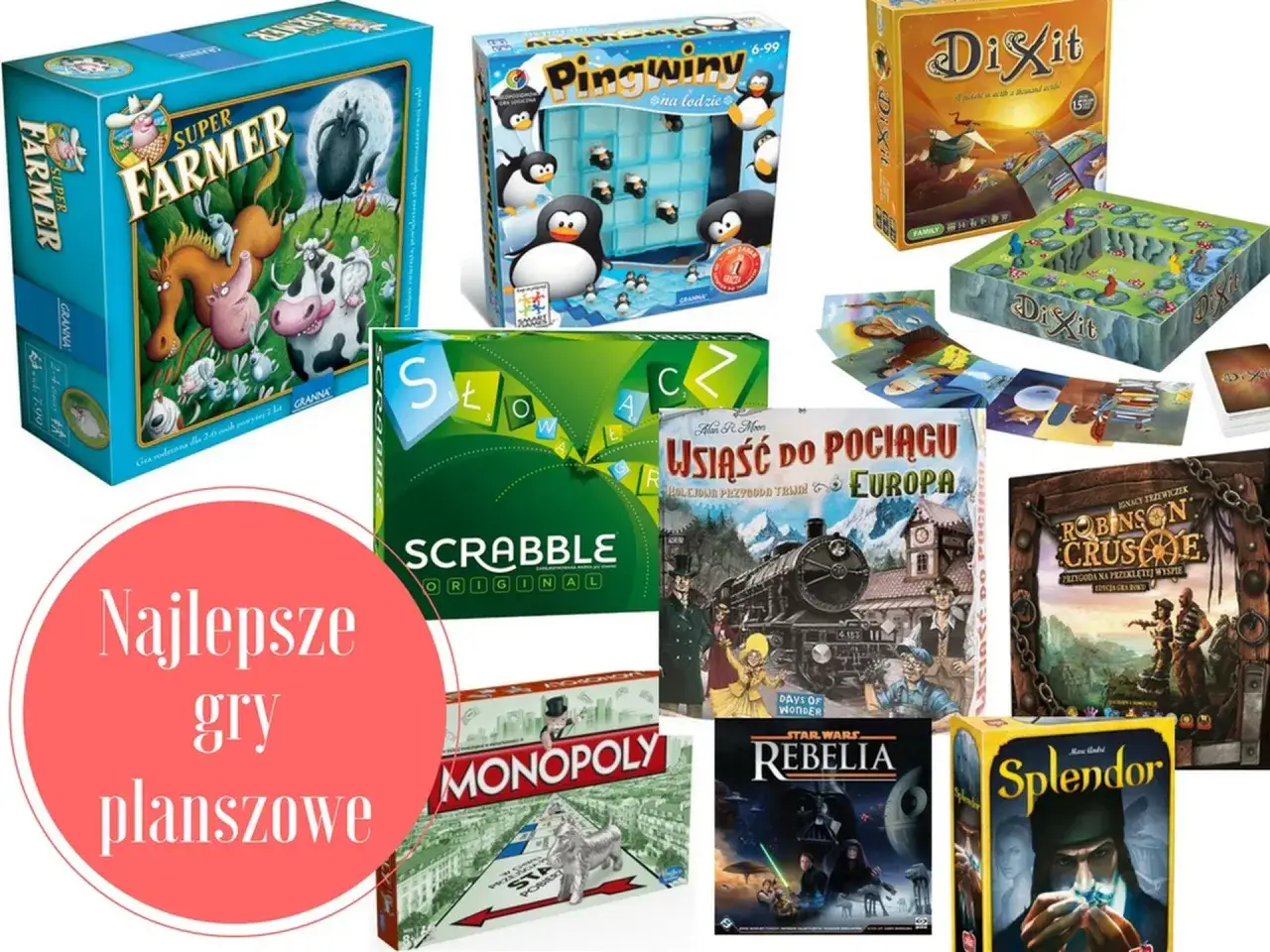 Kolekcja popularne gry planszowe: Super Farmer, Pingwiny na lodzie, Dixit, Scrabble, Wsiąść do pociągu, Monopoly, Robinson Crusoe, Splendor, Rebelia.