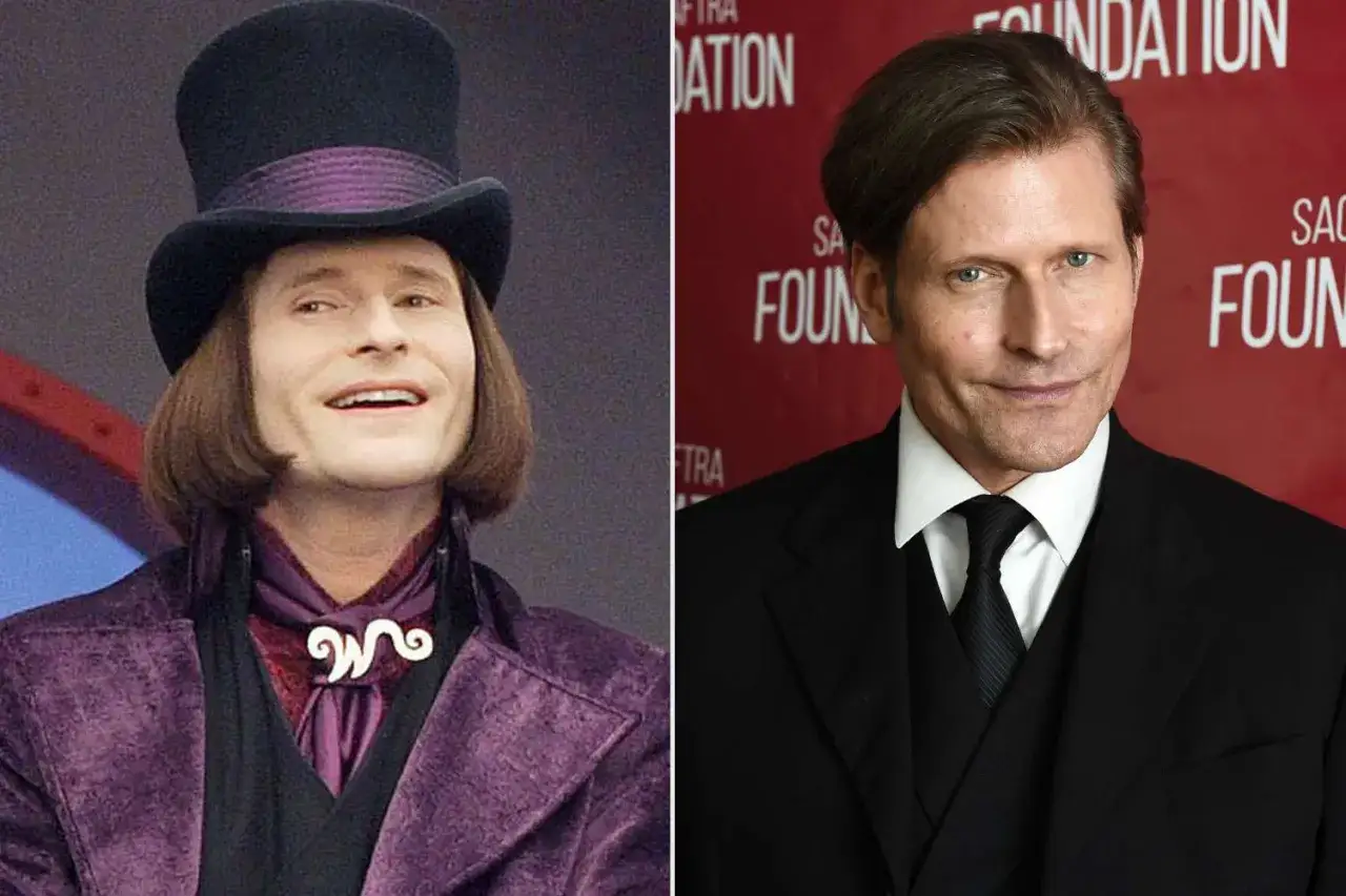Willy Wonka, w którego wcielił się Johnny Depp, obok aktora w garniturze.