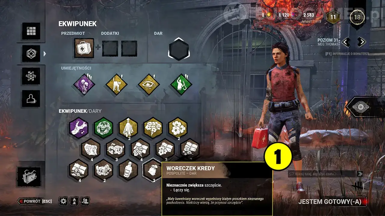 Interfejs gry Dead by Daylight Polska. Gracz przygotowuje ekwipunek, wybierając przedmioty i dary.