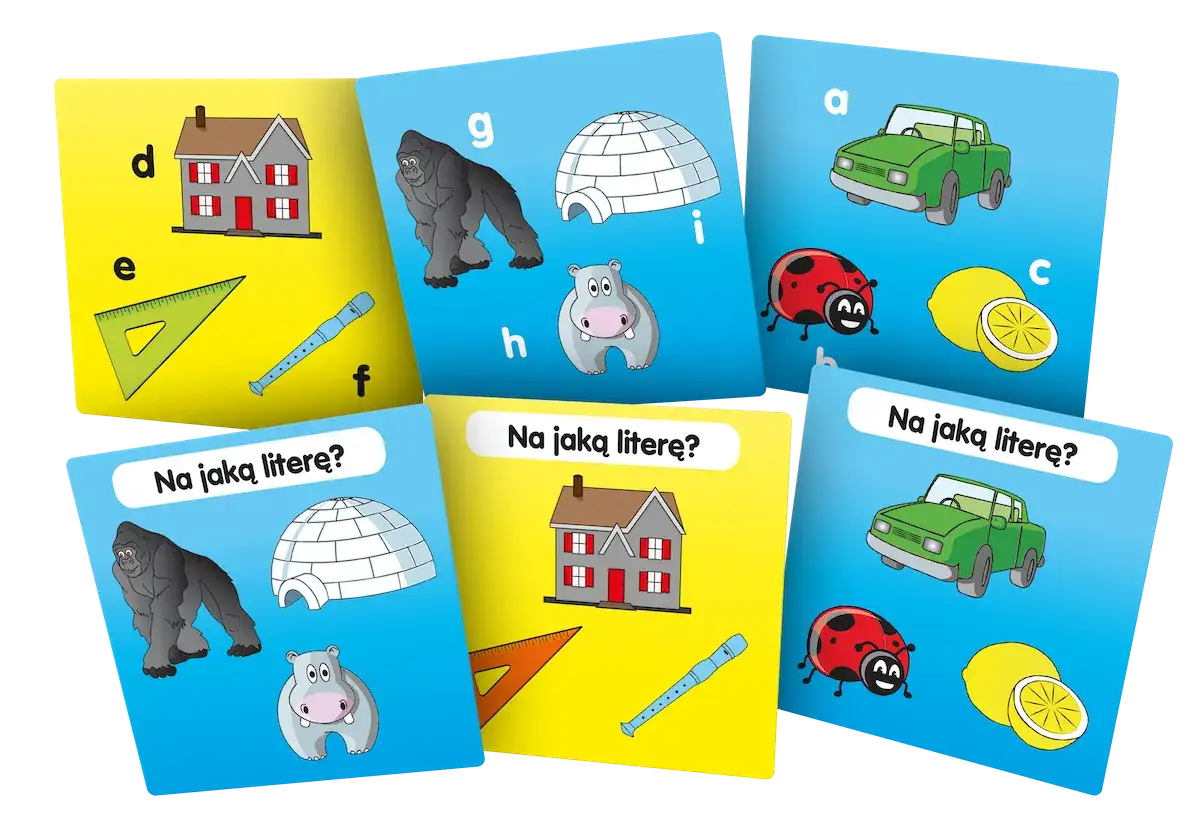 Karty do gry w słowo: dom, goryl, igloo, hipopotam, samochód, biedronka, cytryna, linijka, flet.