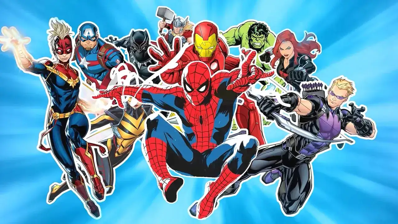 Wszyscy znani marvel postacie: Kapitan Marvel, Kapitan Ameryka, Czarna Pantera, Thor, Iron Man, Hulk, Czarna Wdowa, Spider-Man, Wasp i Hawkeye.